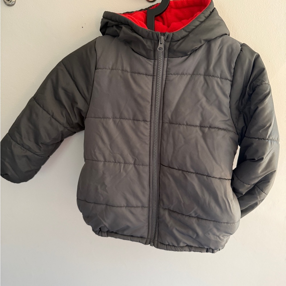 Kids London Fog Gray and Red Puffer Jacket, Medium